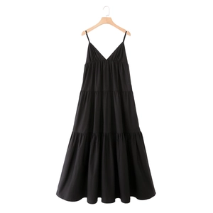 Robe Midi En Coton Noir Col V Fines Bretelles Réglables Jupe À Étages Décontractée Été Femme
