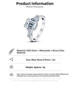 Detailed view of emerald-cut 2ct moissanite ring with S925 silver band specifications