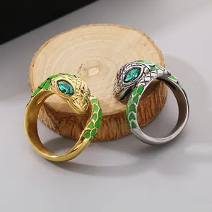 Snake Ring 316L Stainless Steel Green Enamel Scales Marquise Crystal Eyes Punk Gothic Jewelry For Men Adjustable Wrap