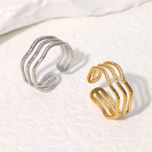 Three-layer wave 18K gold and silver stainless steel open ring with hammered texture