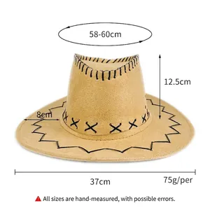 Hellbrauner Cowboyhut aus Wildlederimitat mit Ziernaht und Größenangaben auf Weiß