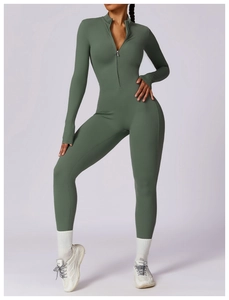 Front view of sage green long sleeve yoga unitard with front zipper and stand collar