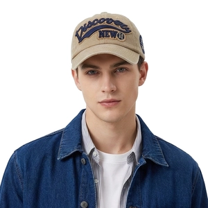 Khaki washed cotton baseball cap with blue 3D Discovery embroidery for outdoor leisure