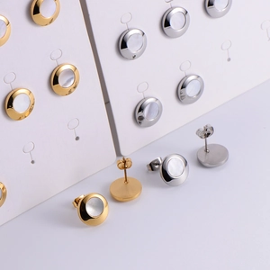Elegant minimalist round shell earrings in gold and silver stainless steel finish