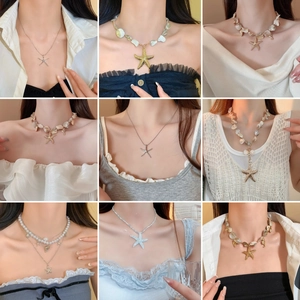 Collage of starfish necklaces with pearls and shells for a beach vacation style look