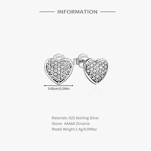 Detail of S925 sterling silver heart earrings with AAAAA cubic zirconia inlay stones