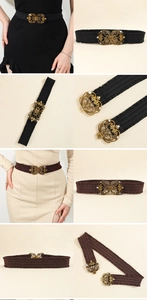 Close-up of golden butterfly buckle with rhinestones on elastic cinch waist belt