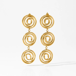 Elegant gold multi-tier spiral disk drop earrings with a polished geometric wire wrap design
