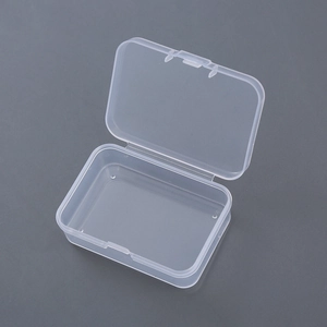 Detailed view of an open rectangular transparent plastic storage box with flip lid