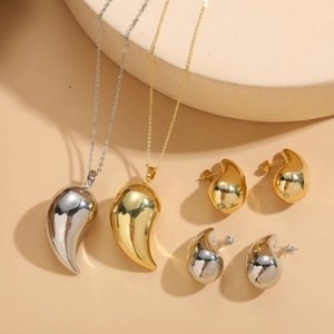 Minimalist Copper Teardrop Pendant Necklace And Stud Earrings For Women High Polished Mirror Finish Jewelry Set Trendy Geometric Jewelry