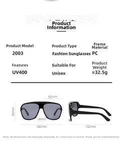 Detailed size specifications for UV400 fashion sunglasses featuring oversized PC frames