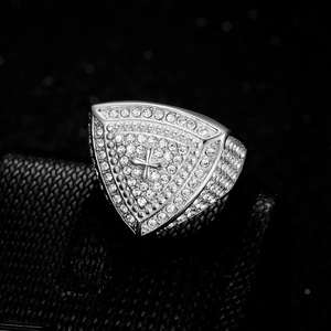 Hip hop shield ring for men with cross design and silver plated rhinestones