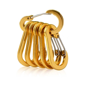 Set of seven gold aluminum D-ring carabiners with spring clips for outdoor camping
