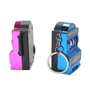 Pink and blue mini slot machine keychains with functional pull lever and lucky jackpot text
