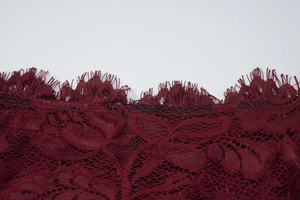Primo piano dettagliato del tessuto in pizzo rosso scuro con elegante bordo a ciglia