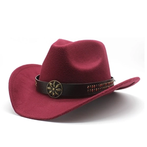 Vintage wine red wide brim wool felt cowboy hat with bronze buckle and metal studs