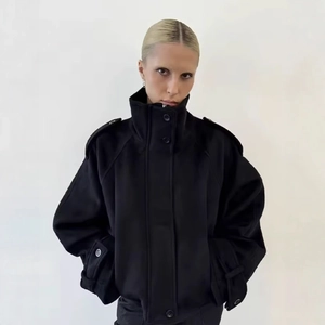 Women's black cropped utility jacket featuring a stand collar and epaulet shoulder details
