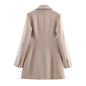 Women's oatmeal double-breasted wool coat featuring a slim silhouette and back seam details