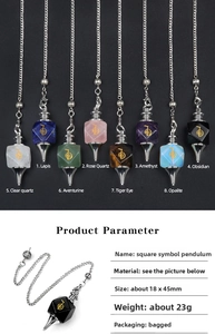 Macro shot of stone pendulums with Cho Ku Rei symbols and detailed material specs