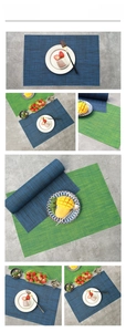 Vue détaillée du tissage croisé des sets de table en PVC bleu et vert résistant
