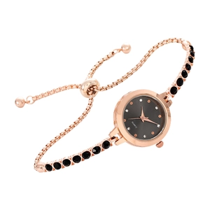 Rose gold bracelet watch for women with black rhinestone dial and quartz movement