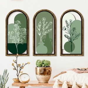 Three-piece set of bohemian green abstract botanical wooden arch wall art for home decor