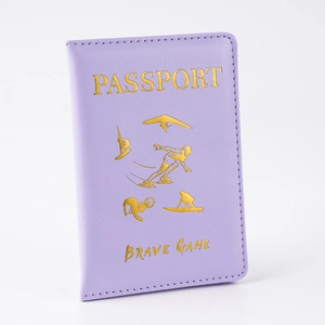 Detail of purple PU leather passport cover with gold embossed sports silhouette patterns