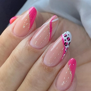 Sweet French Almond Press On Nails Fuchsia Pink Leopard Print With Gold Glitter Lines Elegant Ins Style Fake Nails Women