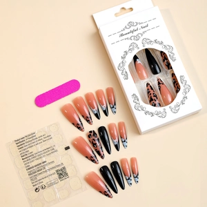Kit de faux ongles Halloween avec motifs fantômes, pointes noires et autocollants