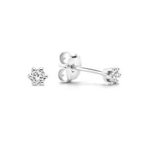 Detail view of 925 sterling silver six-prong stud earrings with round-cut clear gemstones