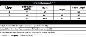 Guide des tailles et composition du tissu pour veste en tricot pour femme en nylon