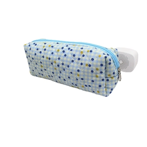 Quilted blue and yellow floral checkered pencil case with zipper and large capacity