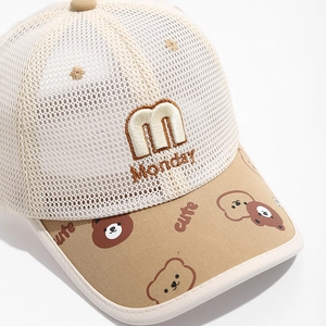 Kids breathable mesh baseball cap with cute bear print and Monday embroidery