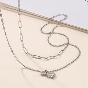 Double-layered silver musical guitar pendant necklace with stylish paperclip chain link
