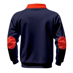 Detail of navy pullover sweatshirt with contrast orange collar and elbow patches