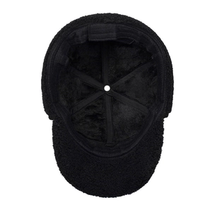 Interior view of black faux shearling baseball cap with thick warm fleece lining for winter