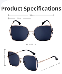 Detailed size chart of square nylon sunglasses with metal temples for women