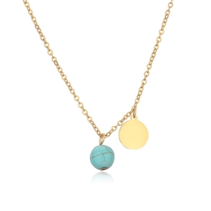 Gold stainless steel necklace with blue turquoise bead and polished round pendant charm