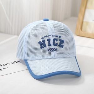 Close-up of blue breathable mesh baseball cap with embroidered NICE text for kids