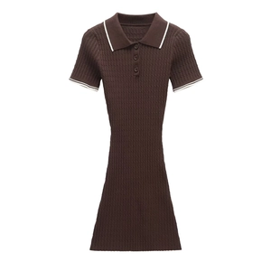 Kurzarm Polo Strick Minikleid Zopfstrick Kontrastbesatz Schmal Geschnitten Knopfleiste Lässig Elegant Damen