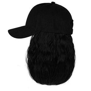 Detail view of black baseball cap with integrated long wavy synthetic curly hair extension