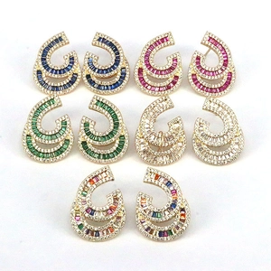 Geometric Zirconia Double Layer Copper Stud Earrings For Women Fashion Gold Zirconia Inlaid Elegant Jewelry Accessories
