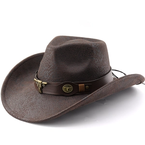 Classic brown western cowboy hat with faux crocodile texture and vintage bull head metal buckle