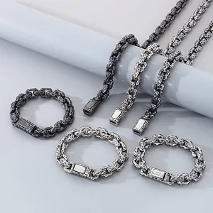 Men Vintage Hammered Stainless Steel Jewelry Set Retro Distressed Punk Chain Necklace Bracelet Set Hip Hop Jewelry Gift