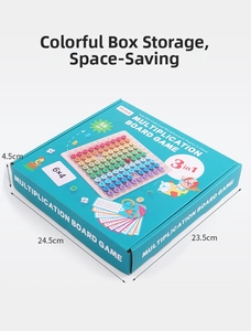 Detailed packaging view showing box dimensions and 3-in-1 multiplication board game set