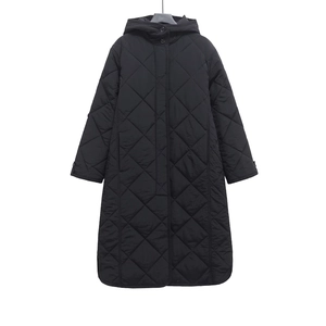 Women's classic black hooded quilted long coat with a glossy finish and front buttons