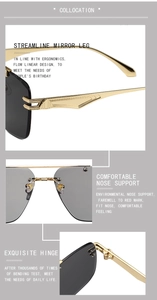Detailed views of ergonomic temple legs, nose pads, and hinges of rimless sunglasses