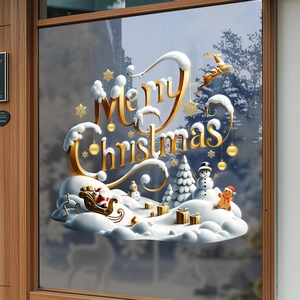 3D Gold Christmas Window Stickers Static Cling PVC Snowflake Santa Reindeer Decals For Glass Holiday Party Home Decor