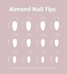 Size chart for 24pcs matte almond press-on nails showing 12 dimensions in millimeters