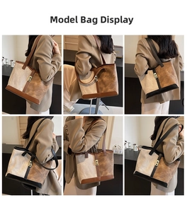Detailed views of leather and canvas tote bag with slim straps and metal clasp